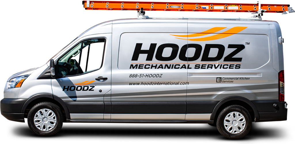Silver HOODZ Mechanical Services van with company logo, contact information, and orange ladder mounted on the roof.